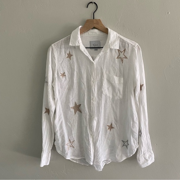 Rails Charli White Rose Gold Embroidered Star Button Down Blouse - Picture 2 of 12